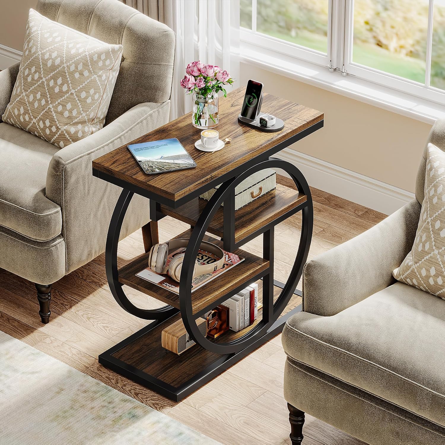 Tribesigns End Table Set of 2, 4-Tier Narrow Side Table with Storage Shelves, Wood Small Sofa Side Table with Geometric Metal Frame, Industrial Bedside Table for Bedroom, Living Room, Rustic Brown
