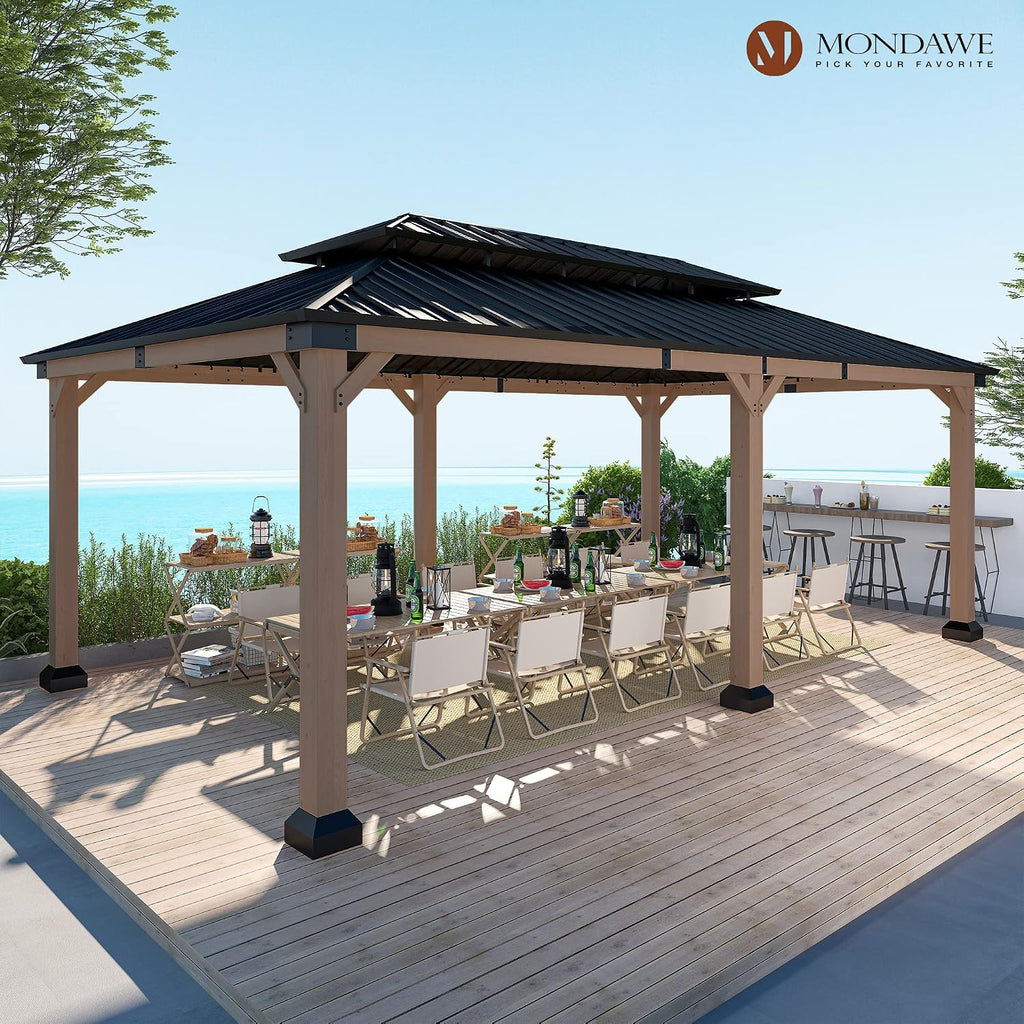 Cedar Wood Gazebo 12x20Ft Hardtop Gazebo, Outdoor Permanent Gazebo Pergola with Galvanized Steel Double Roof Pavilion for Patio Lawn Garden - Beverly Hills Serie