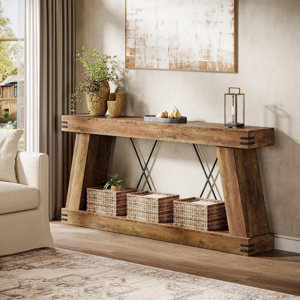 Tribesigns 70.9' Farmhouse Console Table, Long Sofa Table Behind Couch with Storage, Narrow Wooden Console Station, Industrial Rustic Entryway Furniture for Hallway, Entry, Living Room, Brown