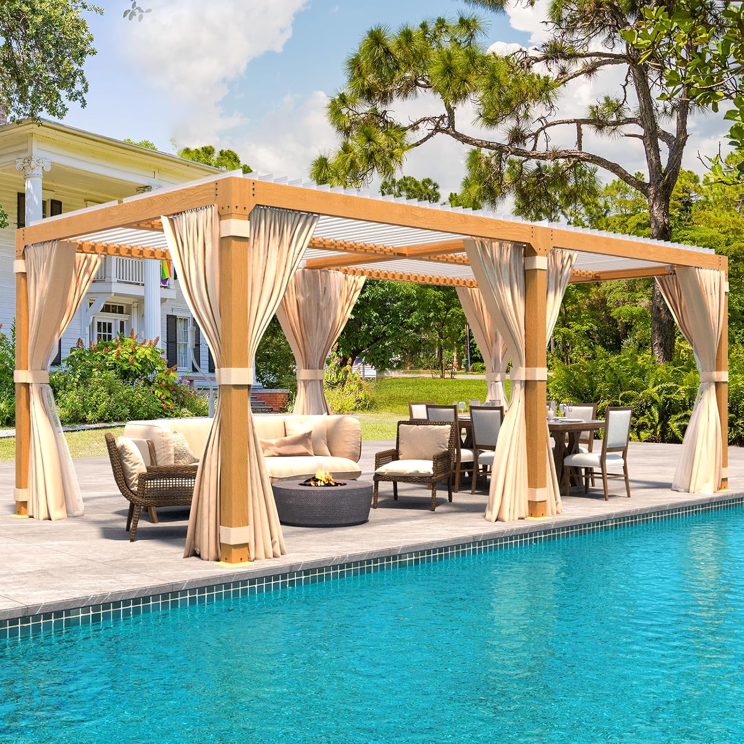 MELLCOM Louvered Pergola - 10x20, Aluminum with Adjustable Roof, Wood Grain with Waterproof Curtains and Nets