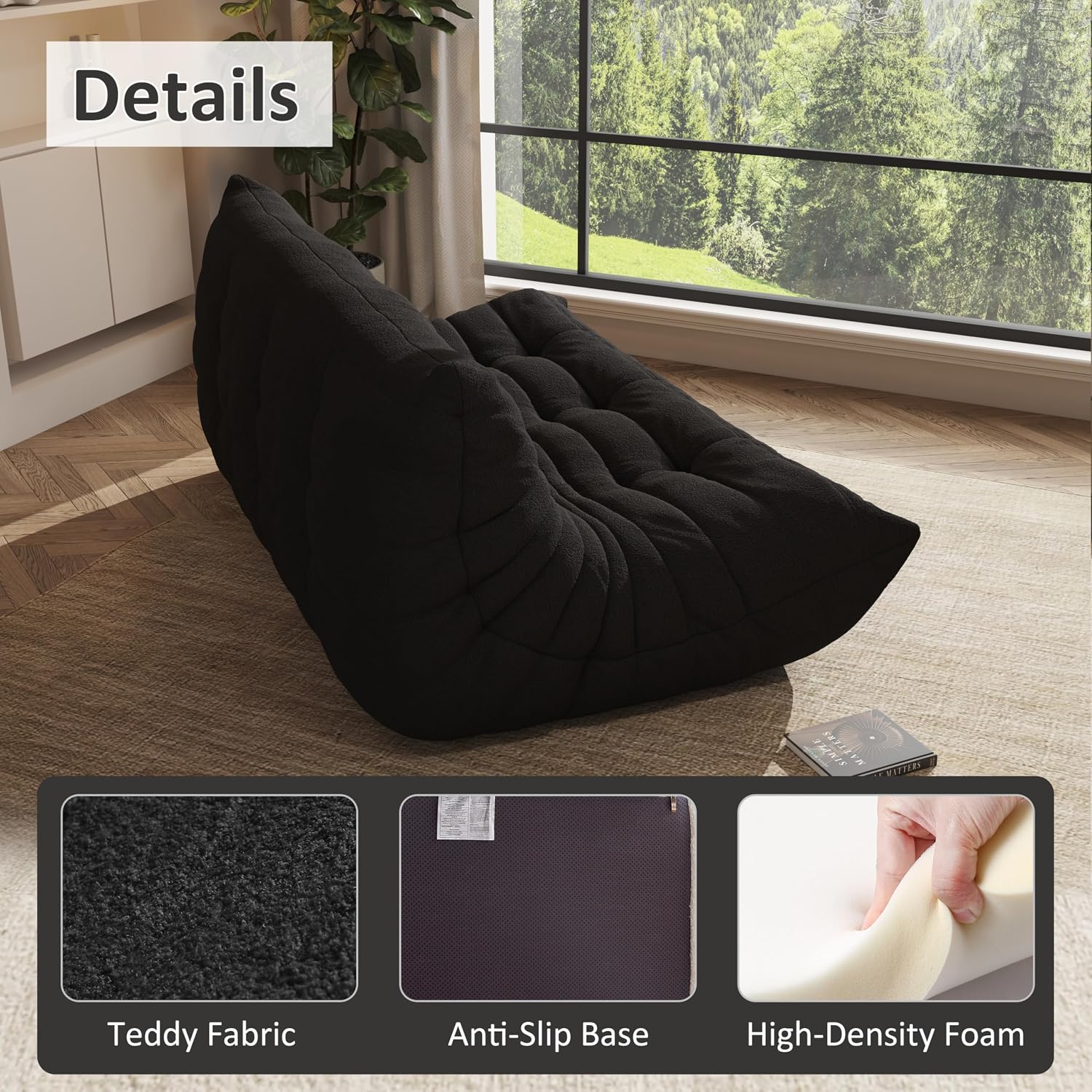 Bean Bag Chair, Cozy Memory Foam Bean Bag Chairs for Adults, Comfy Fireside Accent Chair Lazy Floor Chair for Gaming Bedroom Living Room (Black, 3-Seater)