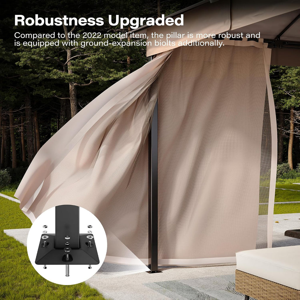 LAUSAINT HOME Gazebo 10x13ft, Heavy Duty Patio Gazebo with Expansion Bolts, Party Canopy Tent with Double Roofs, Mosquito Nettings and Privacy Screens for Backyard, Garden, Lawn, Khaki