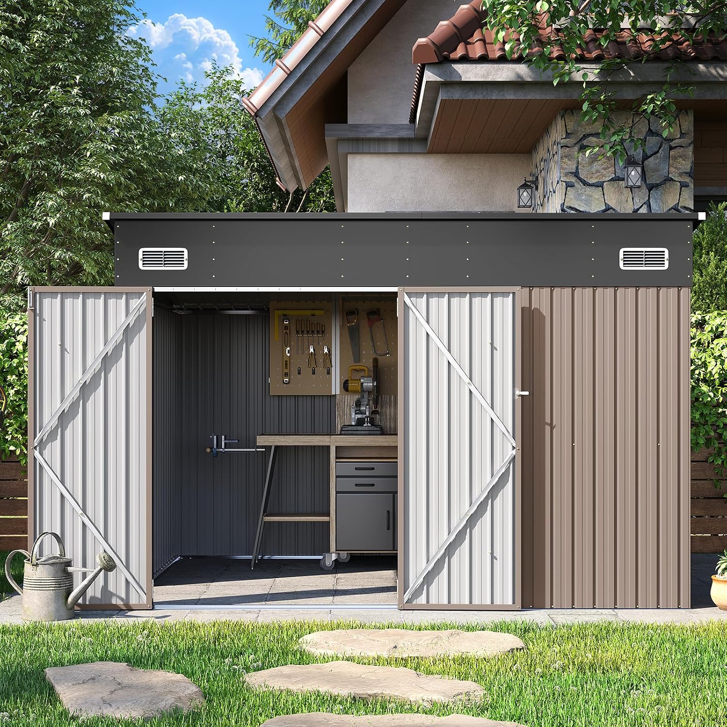 9.5' x 7.5' Outdoor Metal Storage Shed with Sloping Roof & Triple Lockable Doors for Tools, Bicycles, Garden & Patio (Brown)