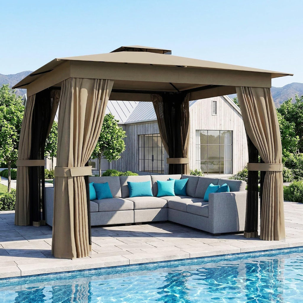 Outsunny 10' x 10' Outdoor Patio Gazebo, Heavy Duty Gazebo Canopy Shelter with Double Roof, Curtains, Netting, Steel Frame, UPF30+ Protection, Ceiling Hook for Lawn, Backyard, Deck, Khaki