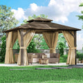 12×12FT Brown Double Roof Polycarbonate Gazebo, Sturdy Outdoor Patio Shelter with Shade for Garden, Backyard, and Patio