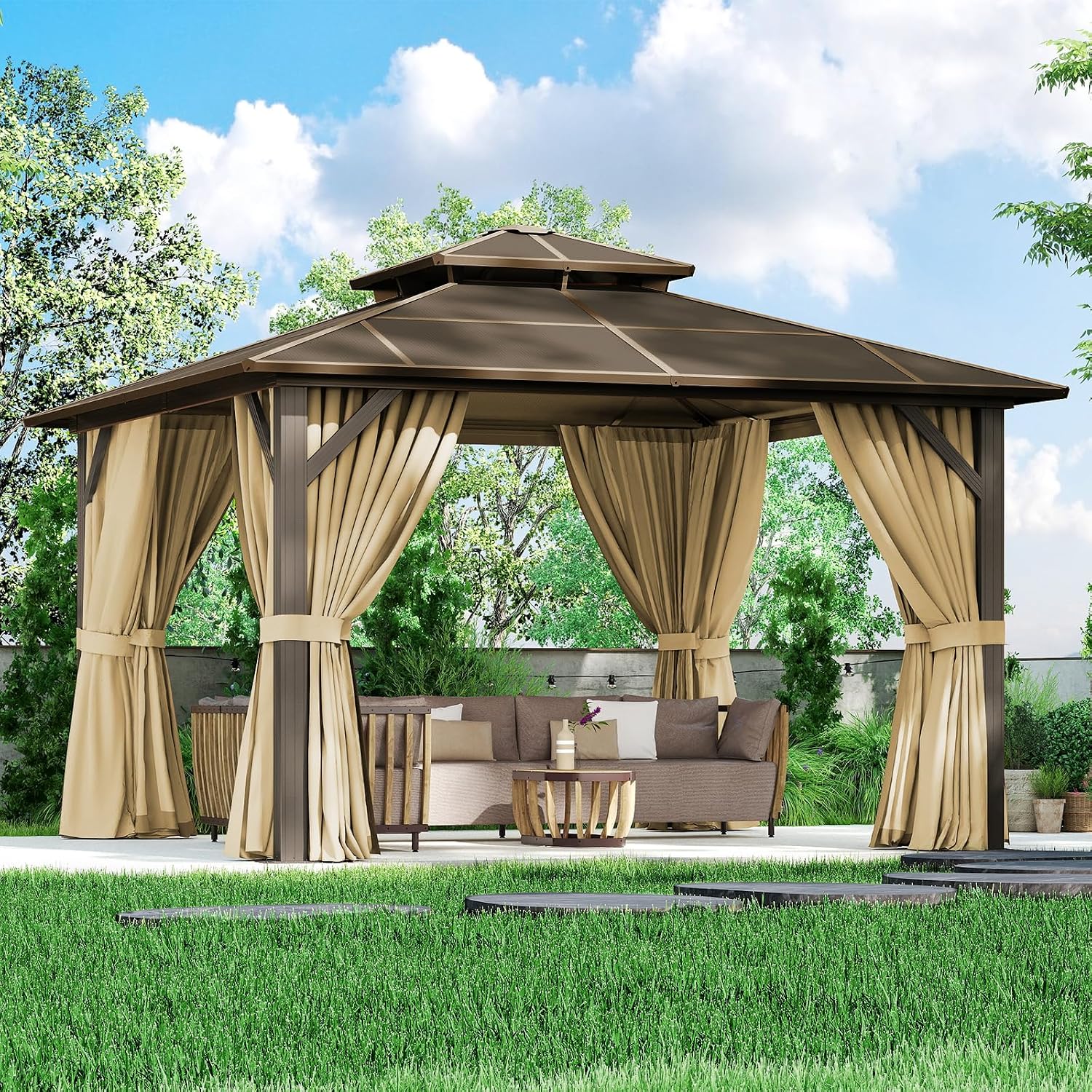 12×12FT Brown Double Roof Polycarbonate Gazebo, Sturdy Outdoor Patio Shelter with Shade for Garden, Backyard, and Patio