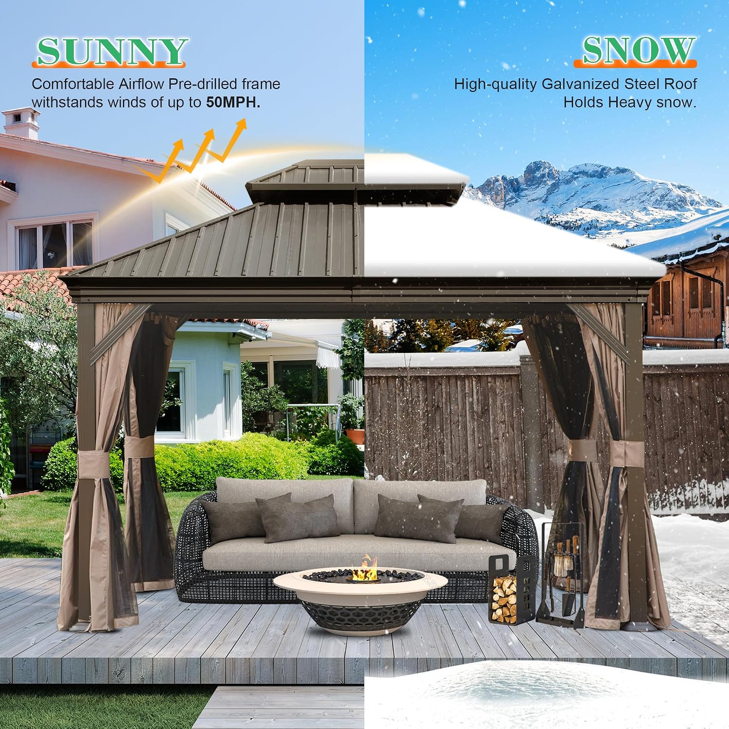 Domi 10x12FT Hardtop Gazebo, Outdoor Gazebo with Double Galvanized Steel Roof, Metal Pavilion Shelter for Patio, Lawn and Garden, Detachable Curtain and Netting Included, Brown