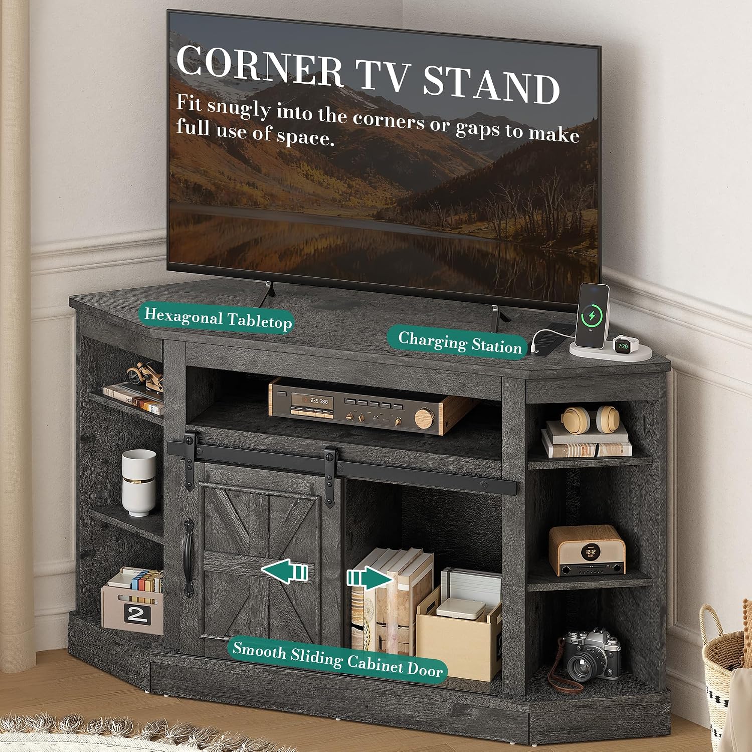 YITAHOME Corner TV Stand for 50 Inch TV, Farmhouse Entertainment Center with Storage & Power Outlet, TV Console Cabinet and Sliding Barn Door for Living Room, Carbon Gray