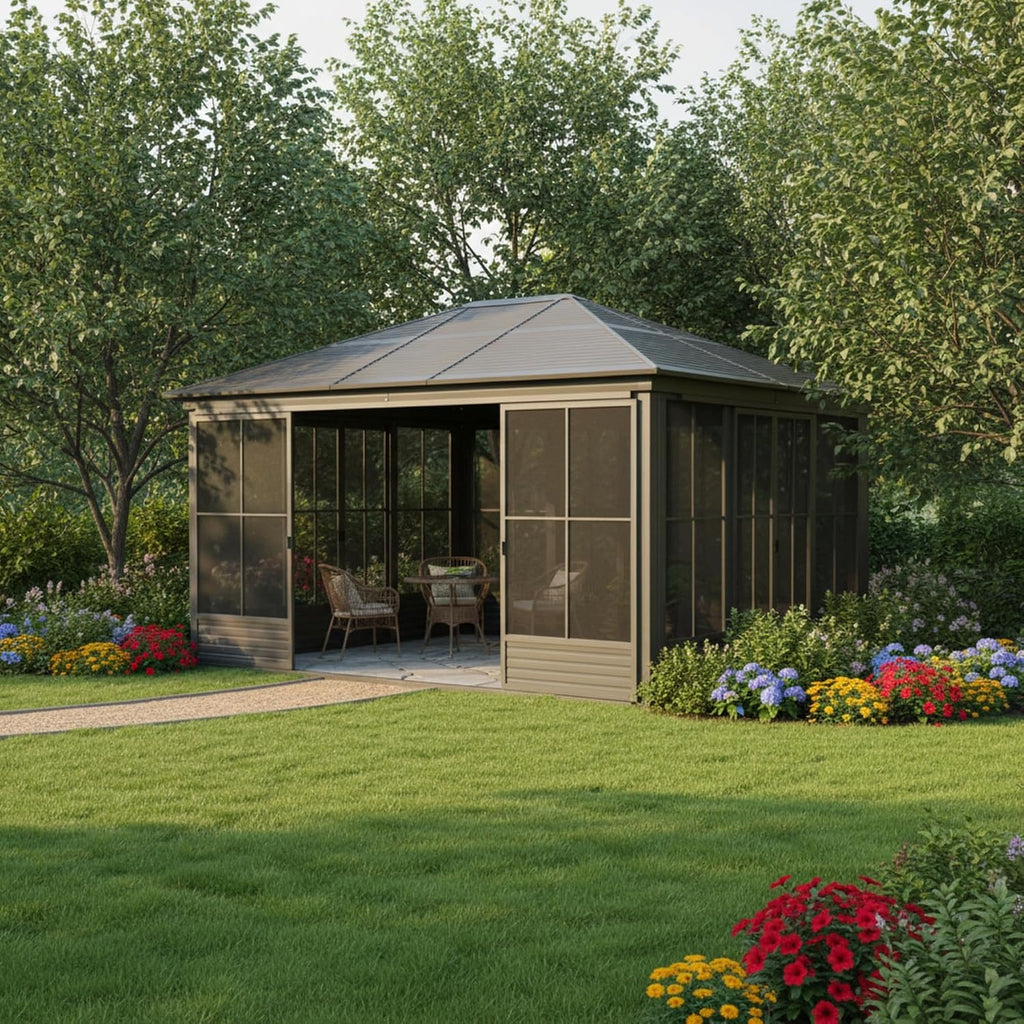 12'(W) x 14'(L) Outdoor Sunroom Aluminum Hardtop Gazebo with Galvanized Steel Roof, PVC Screen Walls and Sliding Door, Black