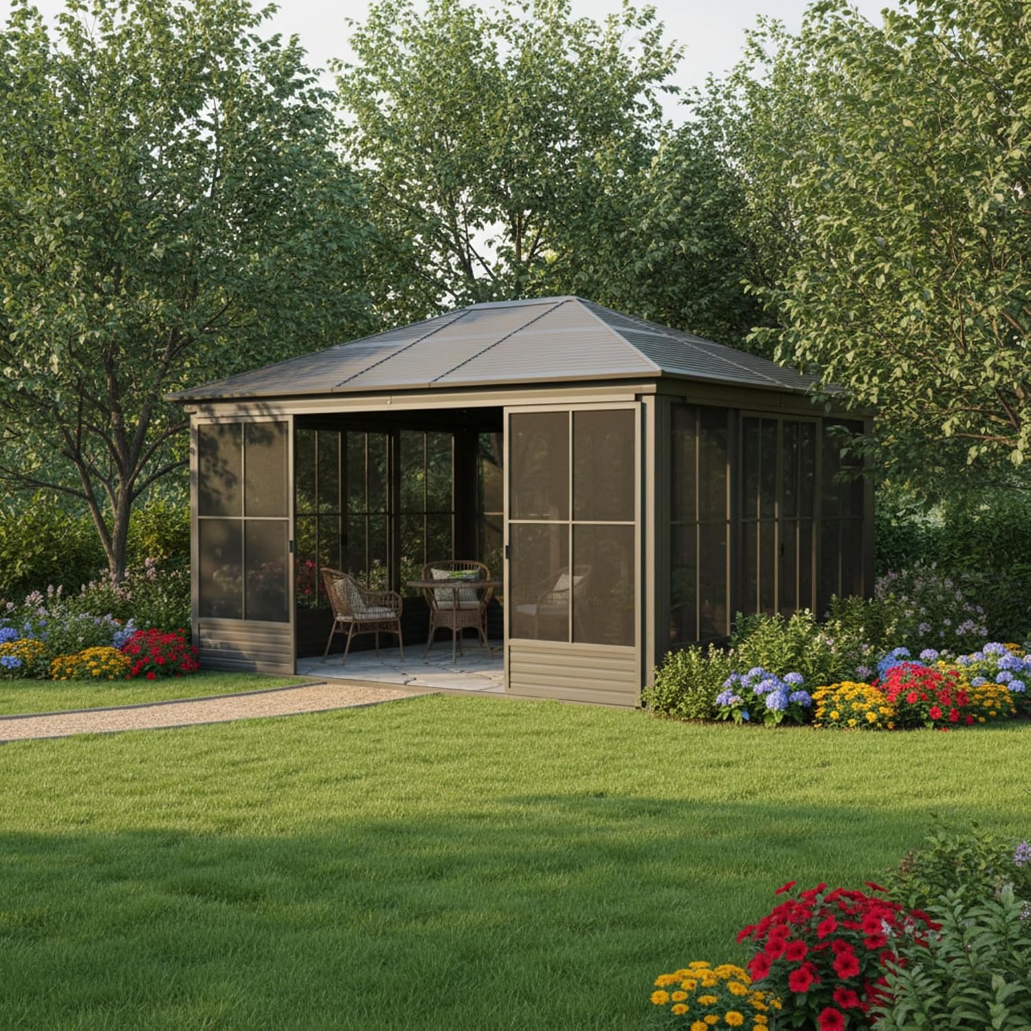 12'(W) x 14'(L) Outdoor Sunroom Aluminum Hardtop Gazebo with Galvanized Steel Roof, PVC Screen Walls and Sliding Door, Black