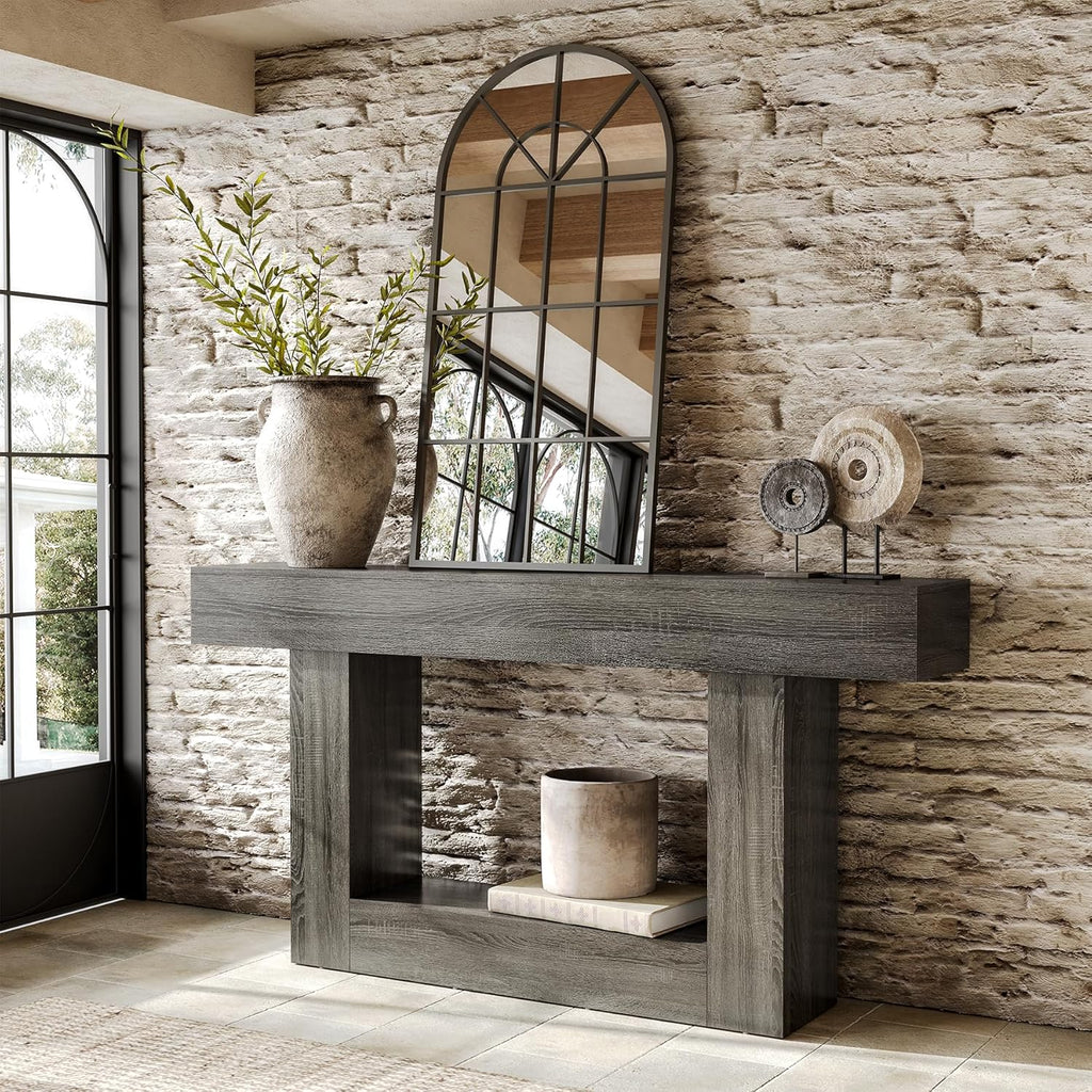 LITTLE TREE 63 Inches Long Console Table, 2-Tier Farmhouse Sofa Table Behind Couch, Large Narrow Entryway Table for Living Room, Wooden Hallway Foyer Table with Heavy Duty Base, Grey