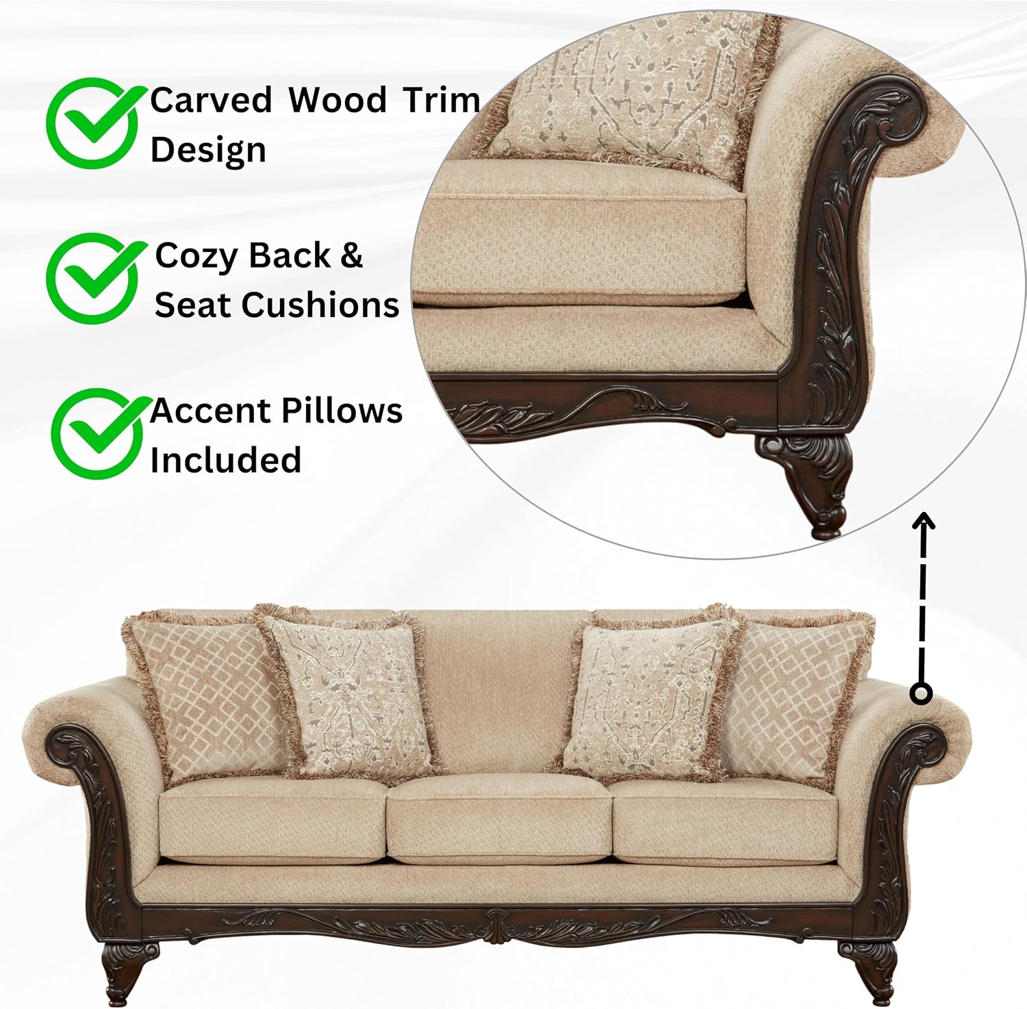 Hernen Carved Wood Frame 5-Piece Living Room Set, Beige Wheat