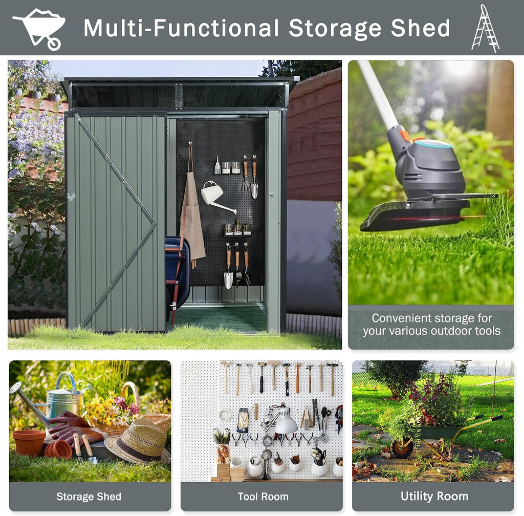 5X3 FT Outdoor Storage Shed, Waterproof Metal Garden Sheds with Lockable Door, Steel Tool Storage Buildings Shed & Outdoor Storage House for Garden, Backyard, Patio, Lawn, Trash Cans(Grey)