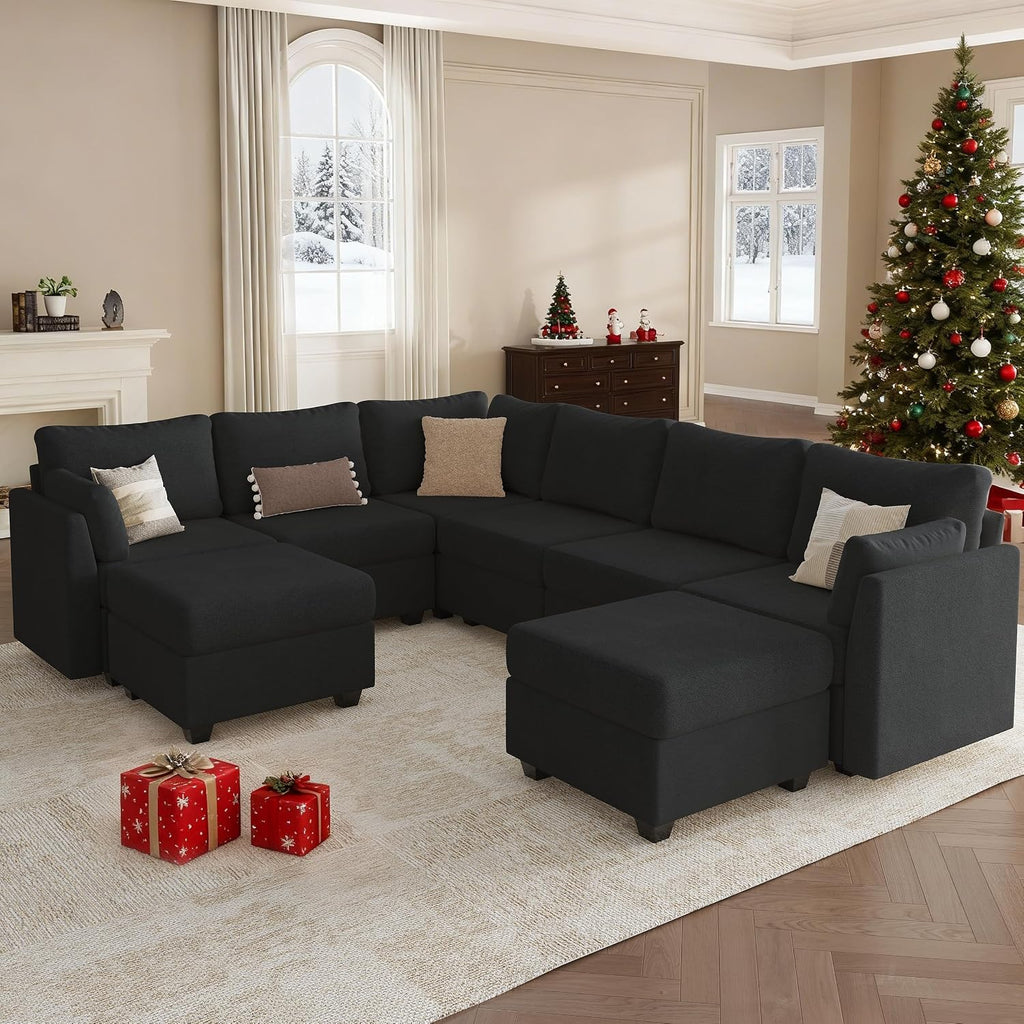 Modular Sectional Sofa Couches, Large Convertible Modular Couches with Storage, 8-Seater Sectional Sofa for Living Room, U Shaped Sectional Couch Sleeper Sofa with Chaise (Black, 8 Seats)