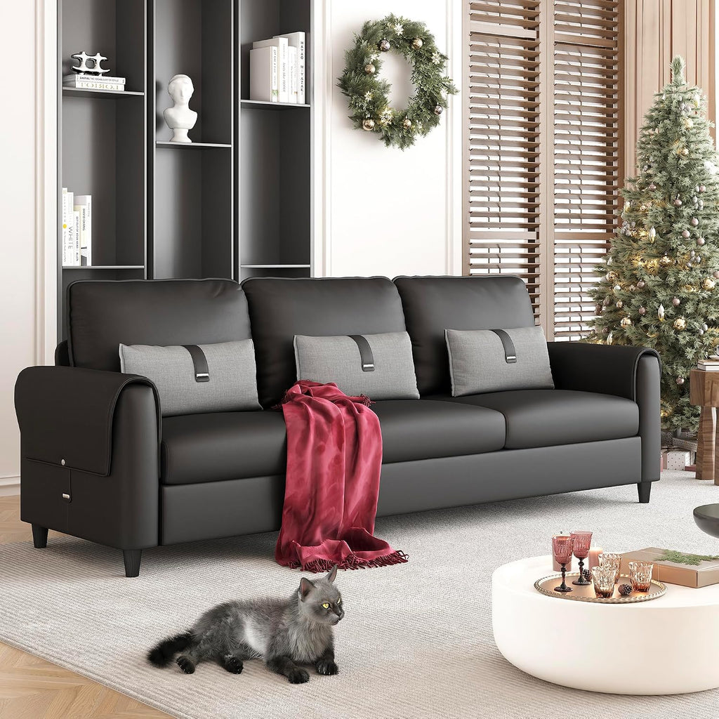 STHOUYN 88' Faux Leather Couch for Living Room, Black Office Couch Small Space, Comfy 3 Seater Couches Leather Sofa with High Backrest (Black)