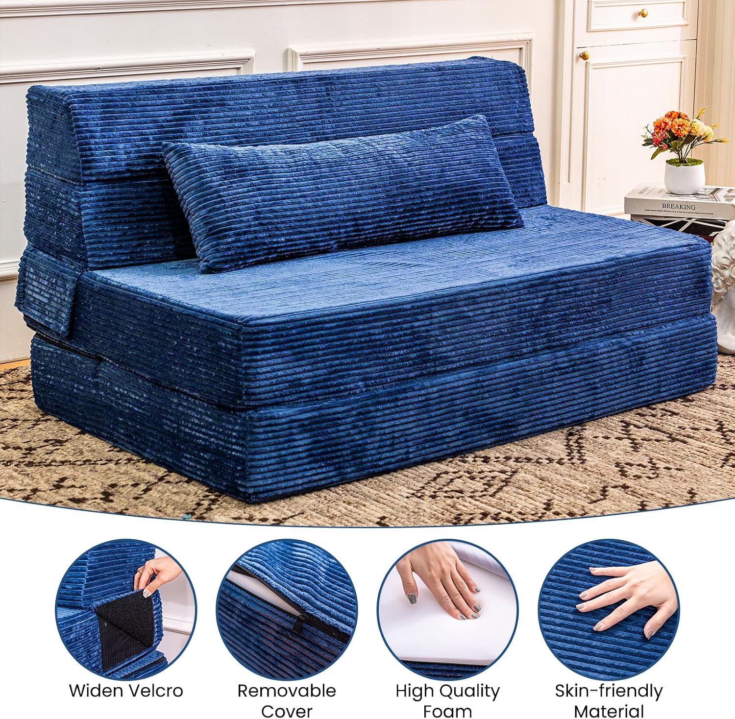 Cvortll Folding Sofa Bed, Convertible Sleeper Chair with Pillow, High Density Memory Foam Fold Out Couch, Foldable Mattress Futon Sofa for Living Room/Dorm/Guest Use/Apartment/Home Office