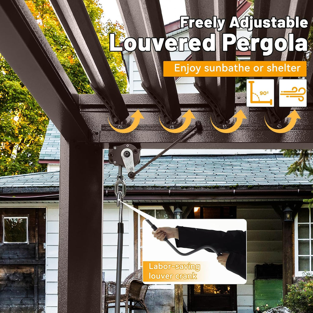 8x5 FT Grill Louvered Pergola for Outdoor Grill, Hardtop Grill Pergola with Built-in Gutter & Adjustable Rainproof Roof, Metal Shelter Gazebo for Patio Backyard Deck -Brown