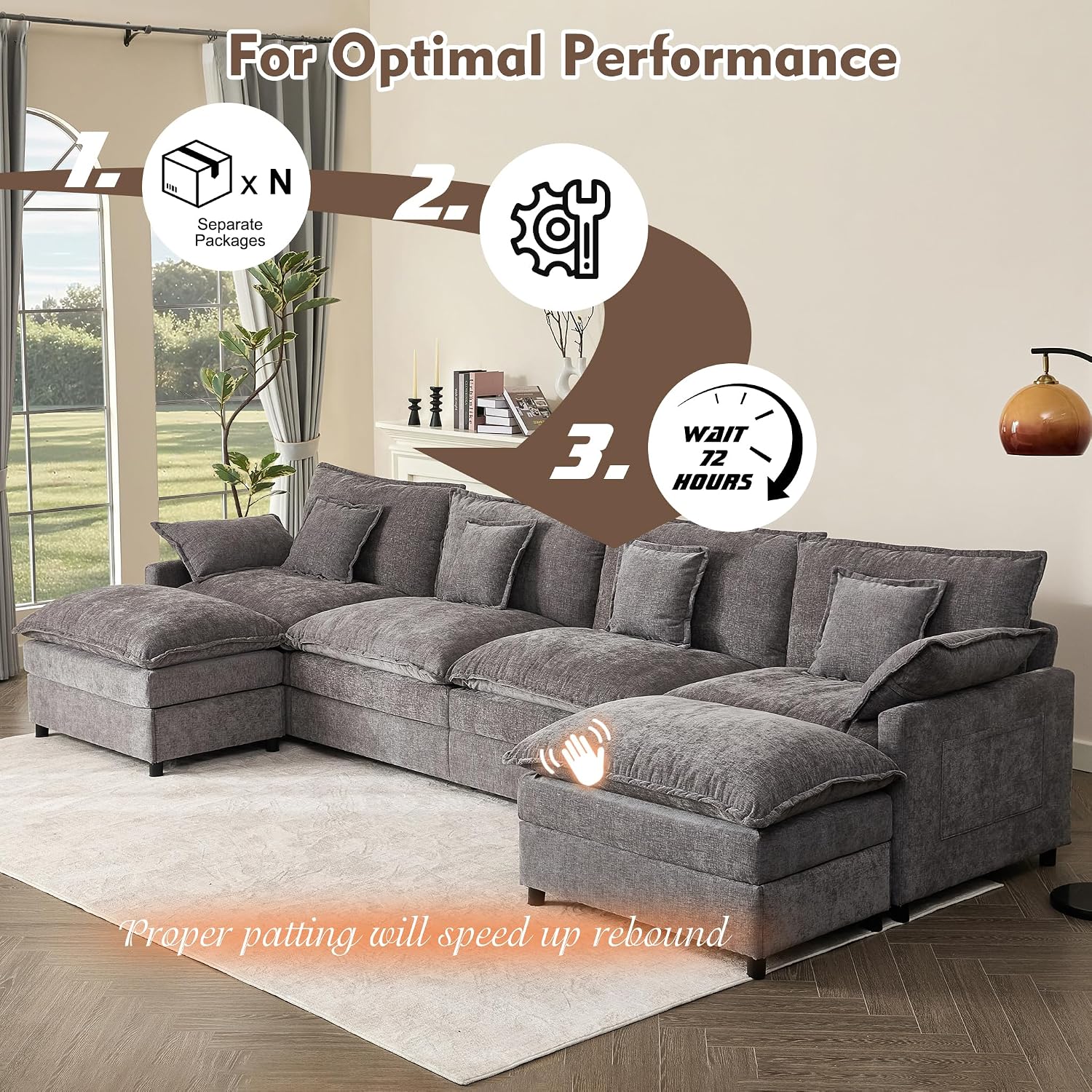 GOSUHI 142.5' U Shaped Couch, Modular Sectional Sofa, 3-Seater Comfy Cloud Couch, Set of Modular Pieces with Movable Ottoman, Deep Seat Couches for Living Room, Chenille, Slate