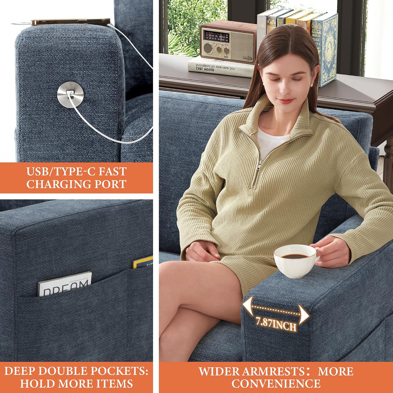 Ihanherry Modern Sofa Living Room Couch with USB/Type-C Charging Port, Comfy 3-Seats Chenille Recliner Sofa for Small Space, Removable Medium Firm Cushion, (89inch, Blue)