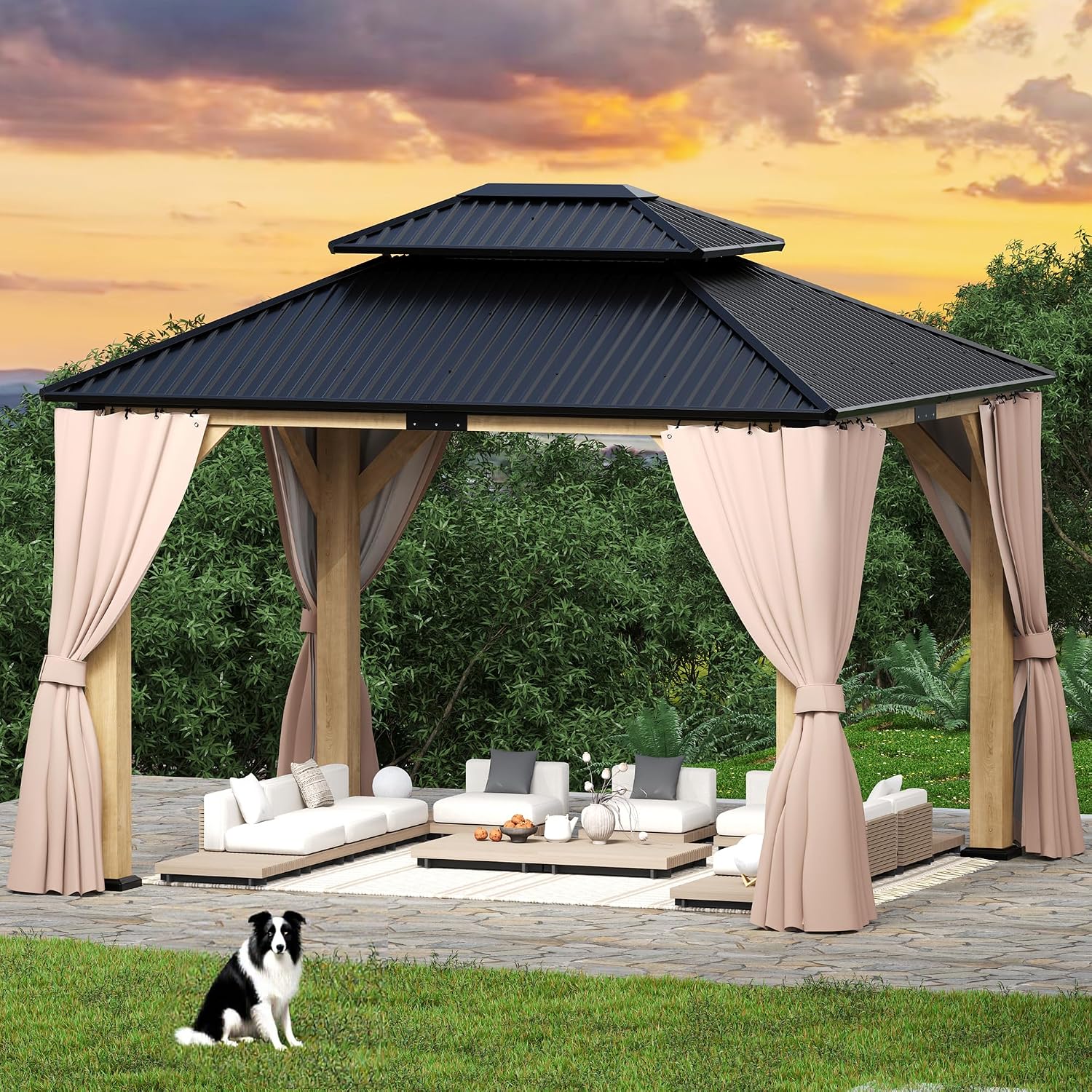 ROCSUMOO 13'x 15' Outdoor Wooden Gazebo, Patio Hardtop Gazebos with Double Roof, Double Galvanized Steel Hardtop Roof Wood Frame with Netting and Curtains (13'x 15')