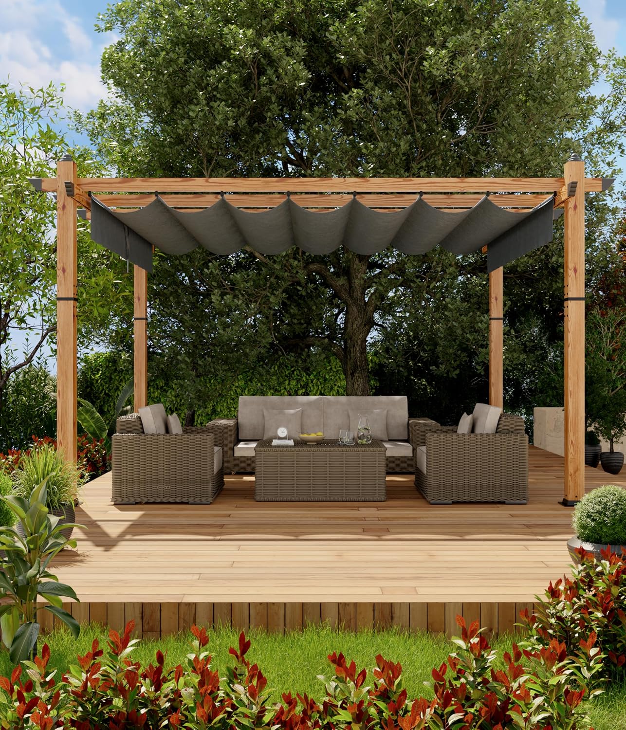 GarveeLife 10 x 13 ft Wood-Grain Outdoor Pergola with Retractable Canopy UV Protection Rust-Resistant Sturdy 4-Side Base for Patio Garden Backyard Deck (Gray)