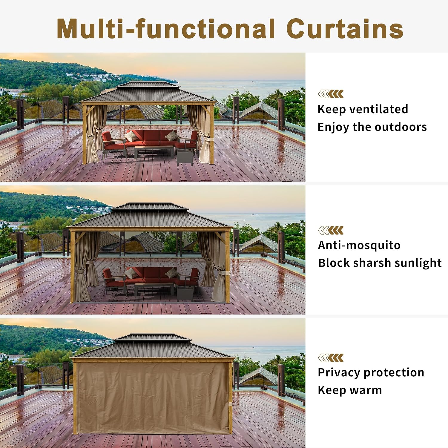 12x16ft Hardtop Gazebo, Wooden Finish Coated Aluminum Frame Canopy with Galvanized Steel Double Roof, Outdoor Permanent Metal Pavilion with Curtains & Netting for Garden, Brown (Wooden 12x16 Ft)