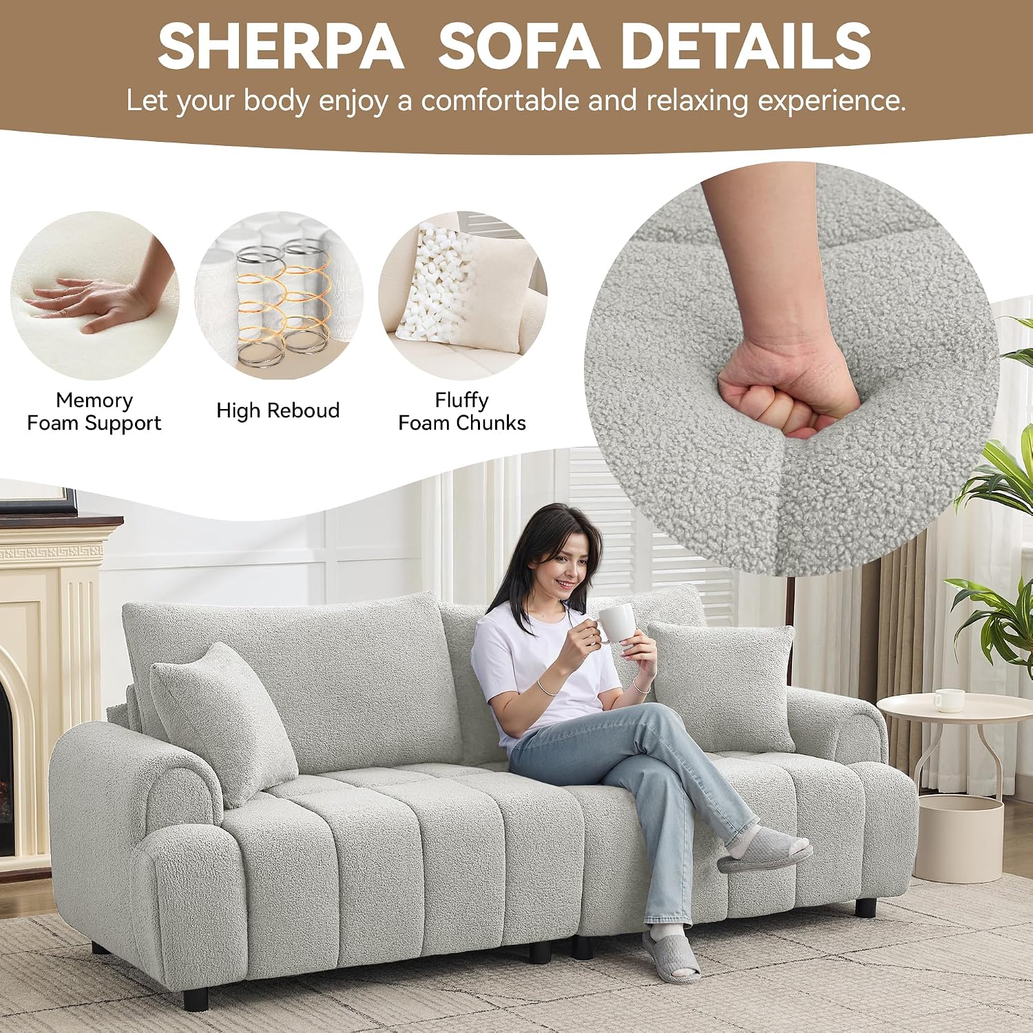 88 'Modern Boucle Sofa Couch, Oversized Comfy 3 Seater Sherpa Curved Sofas Deep Seat, Upholstered Loveseat Teddy Round Arm Couches for Living Room, Bedroom, Light Grey