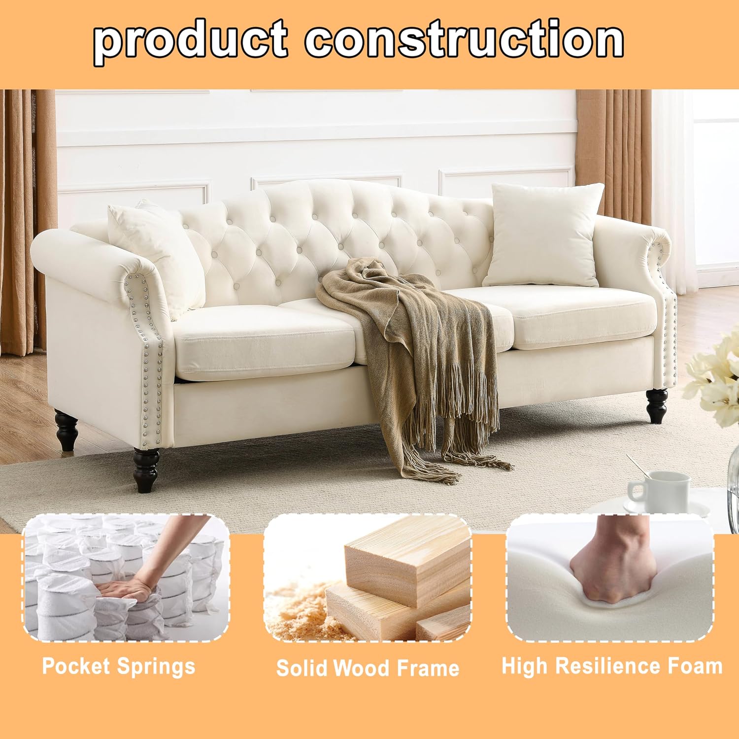 2 Piece Modern Beige Velvet 79' 3-Seater and 57' Loveseat Sofa Sets, Chesterfield Button Tufted Nailhead Combination Couch with 4 Pillows, Trimming Curved Backrest & Rolled Arm Sofa for Living Room