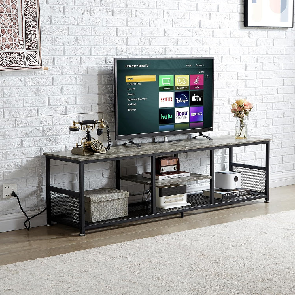 VECELO TV Stand with Power Outlets for Televisions up to 80Inch, 70' Media Entertainment Center with Charging Station 3-Tier Open Storage Shelves with Metal Frame for Living Room/Bedroom，Grey