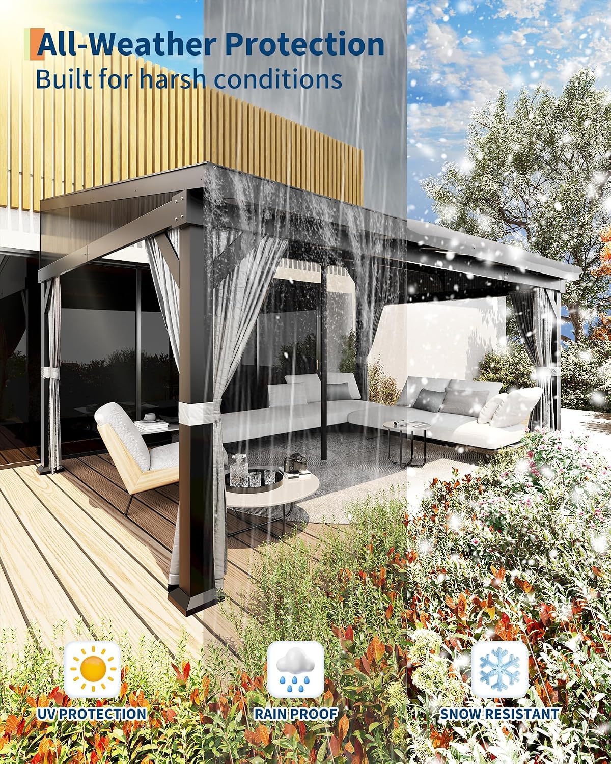 GAOMON 10'X14' Wall-Mounted Lean-to Gazebo – Galvanized Steel Roof with Gutters & Sliding Netting/Curtains, Weather-Resistant Pergola for Patio & Backyard