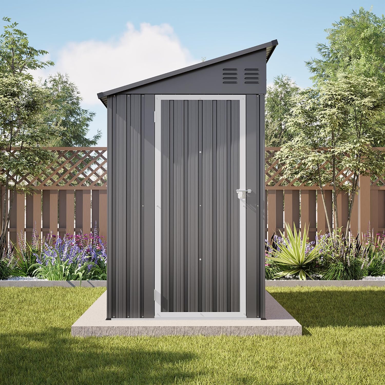 YOPTO 4×8 FT Lean to Metal Shed,Outdoor Heavy-Duty Storage Shed with Floor Base,All Weather Waterproof Garden Tool House W/Lockable Door&2 Air Vents,Reversible Door Design,for Backyard,Patio,Lawn,Gray