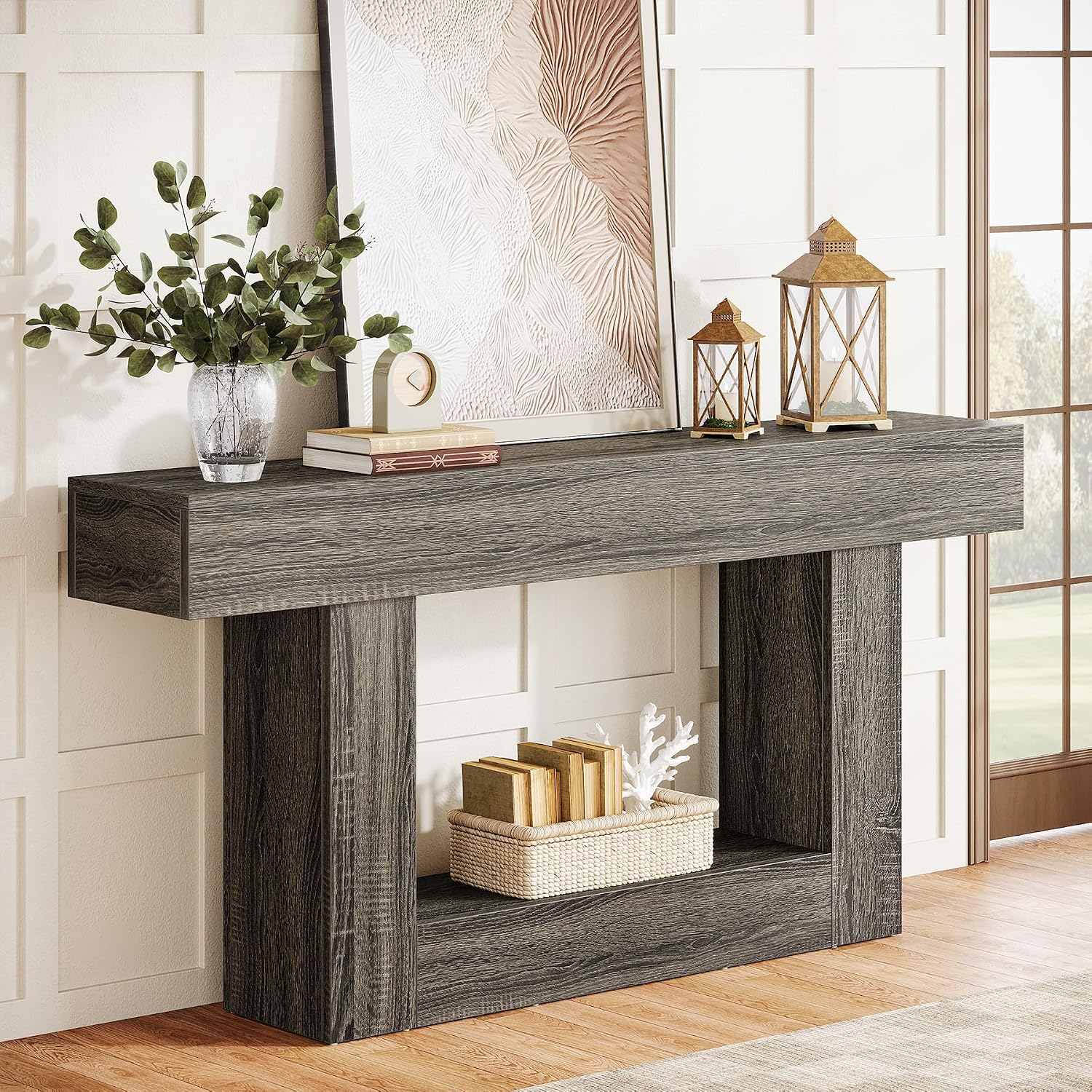 Tribesigns 63-Inch Long Console Table, 2-Tier Entryway Table Sofa Table with Storage, Farmhouse Wood Behind Couch Table for Living Room, Hallway, Rustic Gray