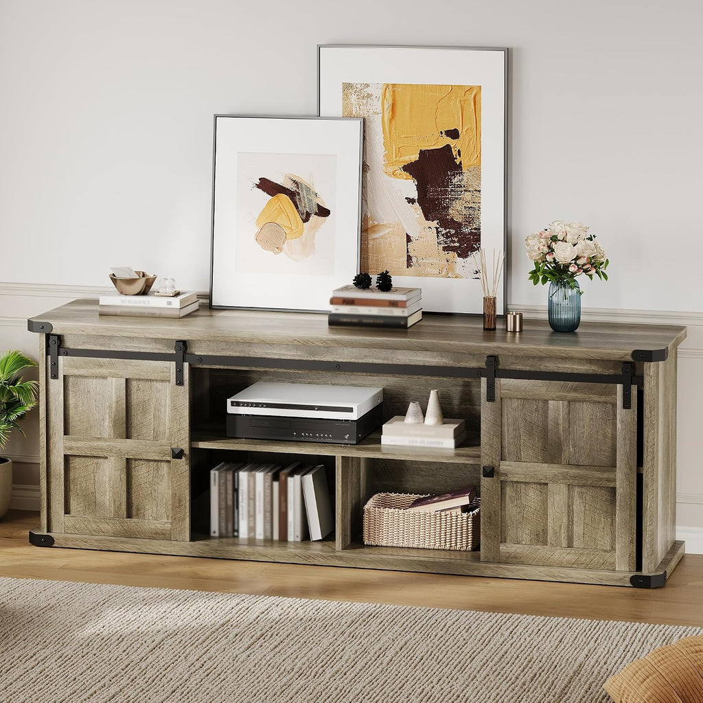 IDEALHOUSE Farmhouse TV Stand for 75 Inch TV, Entertainment Center with Storage Cabinets and Sliding Barn Doors, Media TV Console Table for Living Room Bedroom