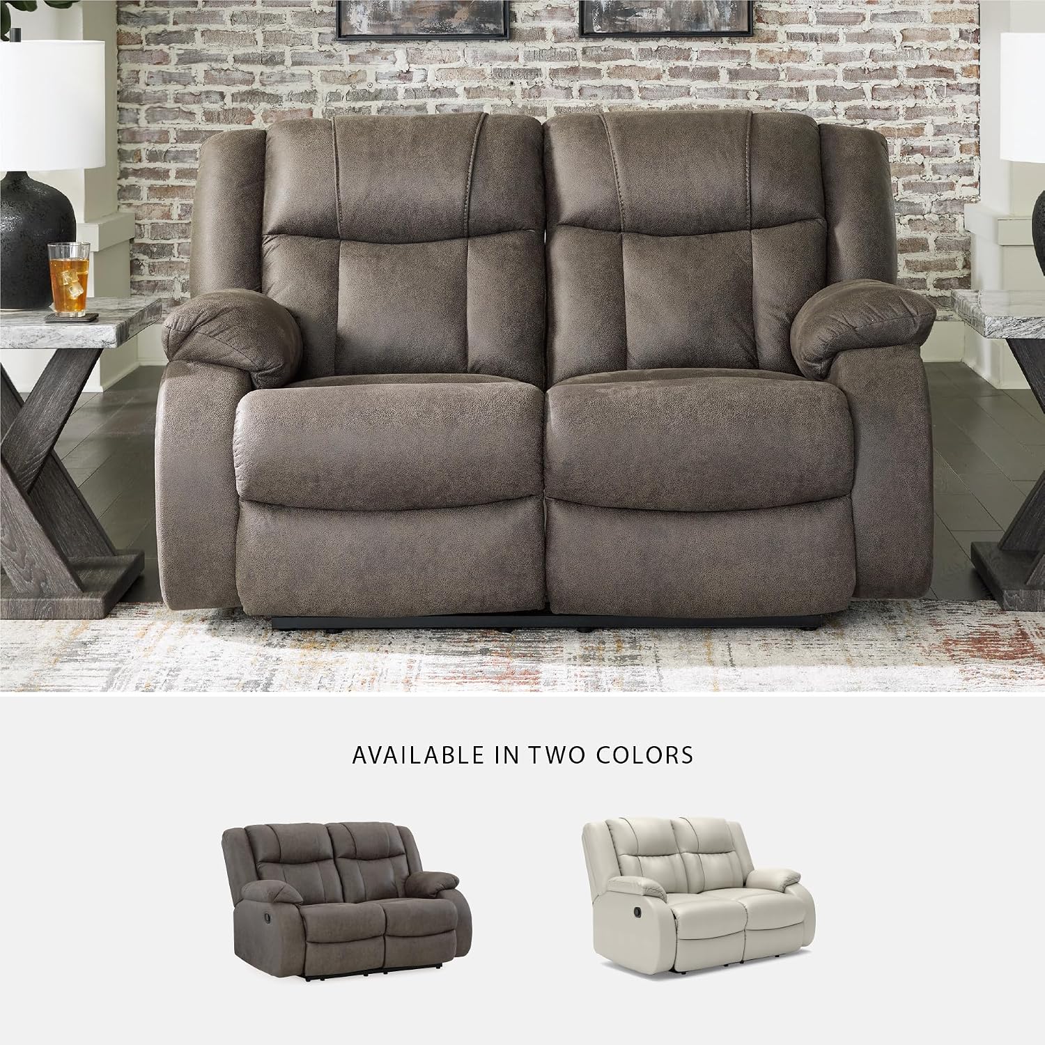 Signature Design by Ashley First Base Contemporary Faux Leather Manual Reclining Loveseat, Gray