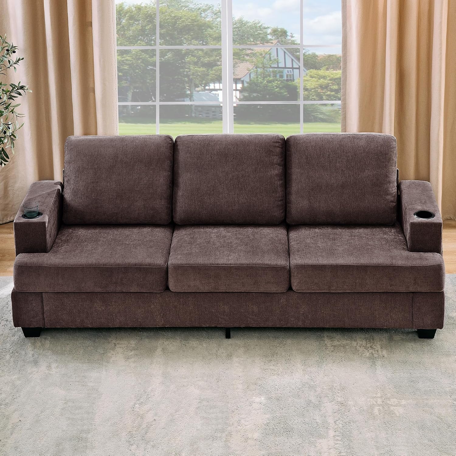 89' Chenille 3-Seater Sofa with Cup Holders and Side Storage Pockets, Modern Sofa for Living Room, Deep Seat Couches for Apartment Lounge, Brown