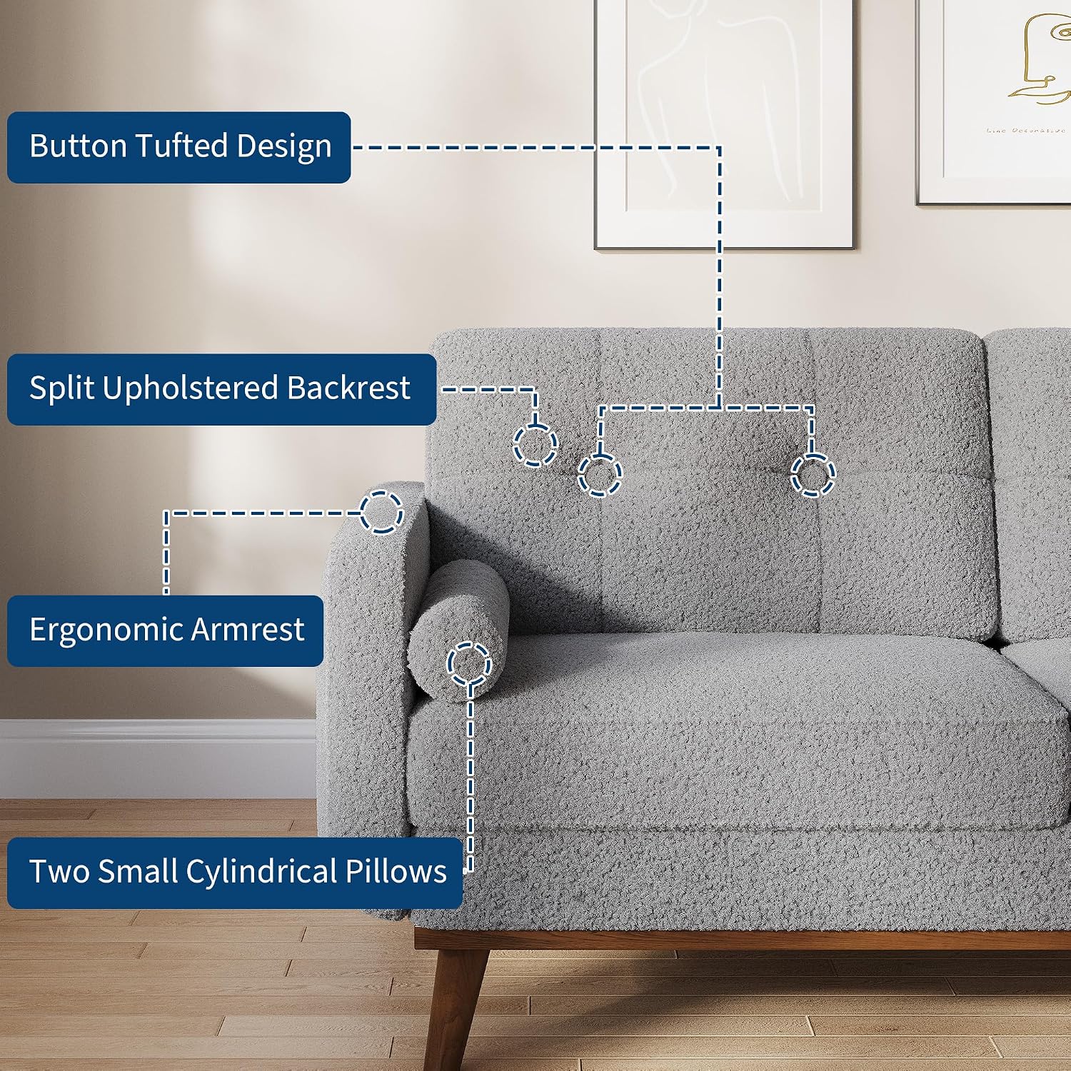 IDEALHOUSE 65' Mid Century Modern Couch Sofa Loveseat, Comfy Love Seat Couches for Living Room, 2 Seater Teddy Fleece Boucle Upholstered Deep Seat Couch for Bedroom Office Small Space, Gray