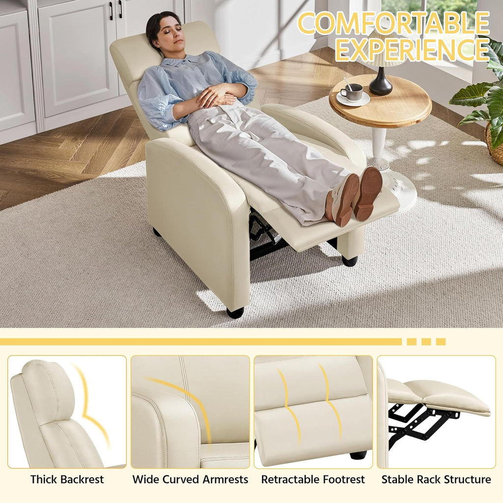 Yaheetech PU Leather Reclining Chair Single Sofa for Living Room Padded Seat with Pocket Spring for Small Space Living Room Bedroom Home Theater Beige