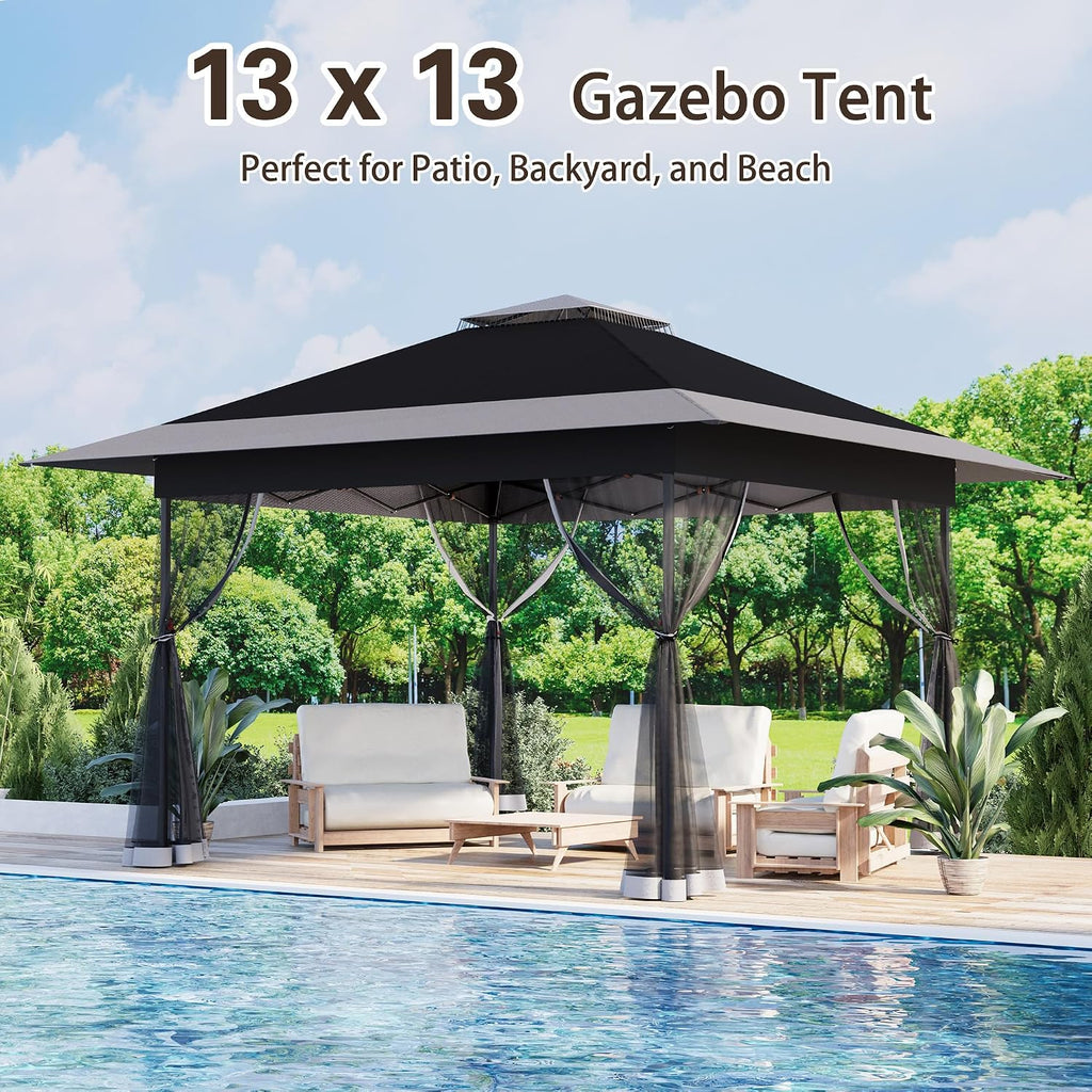 Bezseller 13x13 Pop Up Gazebo with Mosquito Netting – Easy 1-Person Setup, Water-Resistant Backyard Canopy for Family Patio & Garden Use, Black