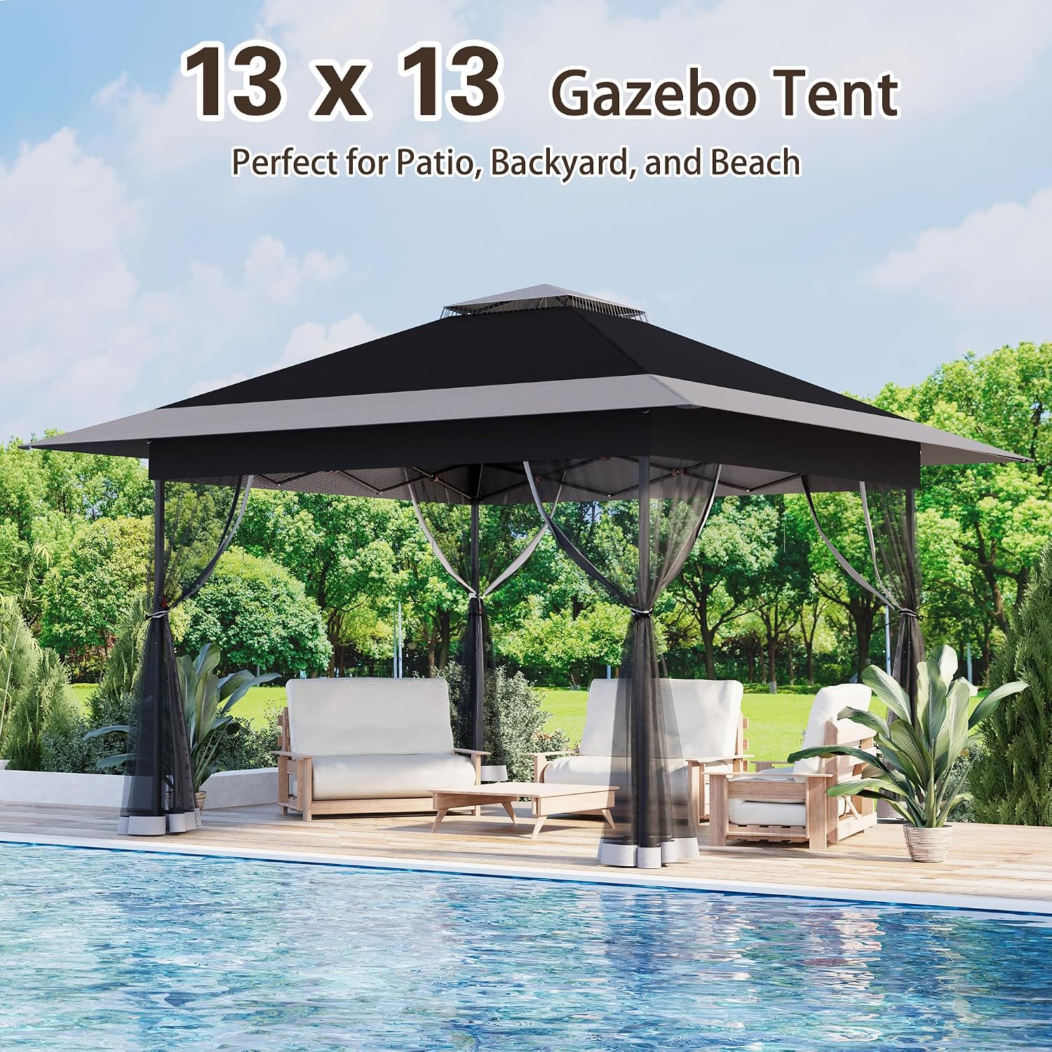 Bezseller 13x13 Pop Up Gazebo with Mosquito Netting – Easy 1-Person Setup, Water-Resistant Backyard Canopy for Family Patio & Garden Use, Black