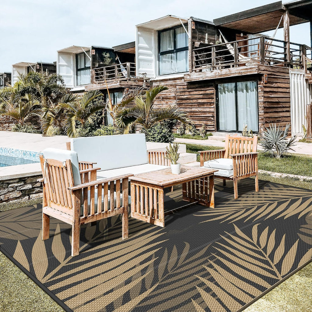 GENIMO Outdoor Rug 10' x 10' Waterproof for Patios Clearance, Reversible Outdoor Plastic Straw Camping Rug Carpet, Large Area Rugs Mats for RV, Camper, Deck, Balcony, Porch, Beach, Picnic, Black&Brown