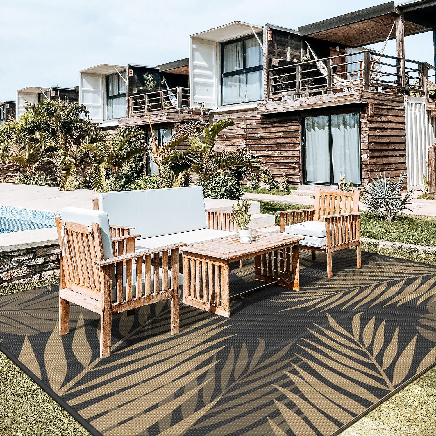 GENIMO Outdoor Rug 10' x 10' Waterproof for Patios Clearance, Reversible Outdoor Plastic Straw Camping Rug Carpet, Large Area Rugs Mats for RV, Camper, Deck, Balcony, Porch, Beach, Picnic, Black&Brown