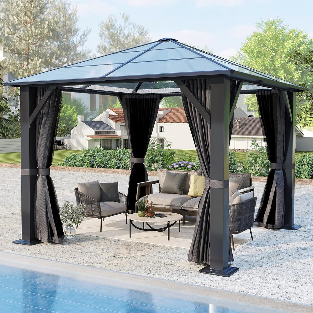 10'x10' Hardtop Gazebo, Outdoor Polycarbonate Roof Gazebo Metal Frame Permanent Pavilion with Netting & Curtains for Garden, Patio, Lawns(Grey)