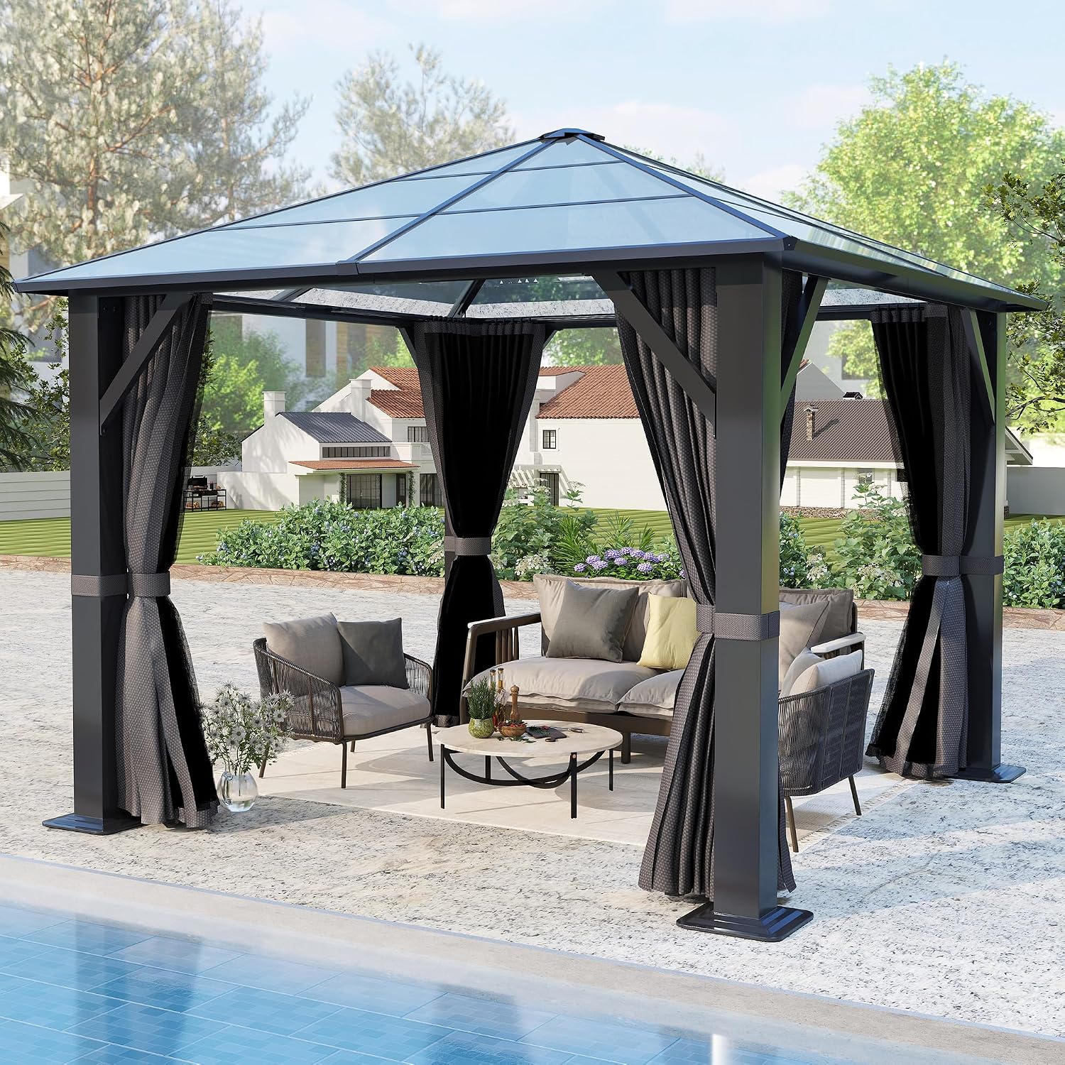 10'x10' Hardtop Gazebo, Outdoor Polycarbonate Roof Gazebo Metal Frame Permanent Pavilion with Netting & Curtains for Garden, Patio, Lawns(Grey)