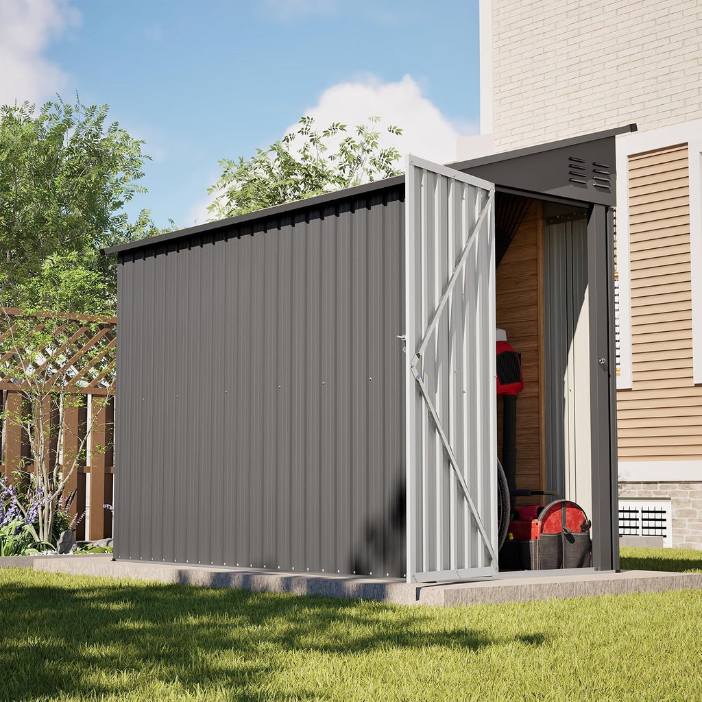 YOPTO 4×8 FT Lean to Metal Shed,Outdoor Heavy-Duty Storage Shed with Floor Base,All Weather Waterproof Garden Tool House W/Lockable Door&2 Air Vents,Reversible Door Design,for Backyard,Patio,Lawn,Gray