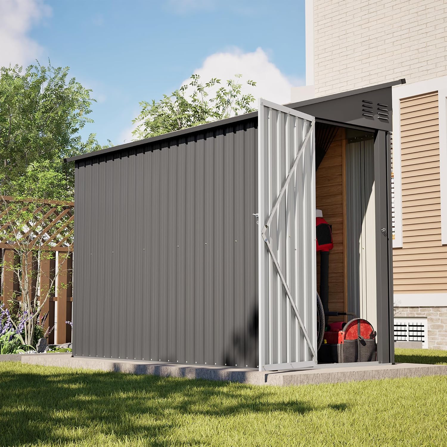 YOPTO 4×8 FT Lean to Metal Shed,Outdoor Heavy-Duty Storage Shed with Floor Base,All Weather Waterproof Garden Tool House W/Lockable Door&2 Air Vents,Reversible Door Design,for Backyard,Patio,Lawn,Gray