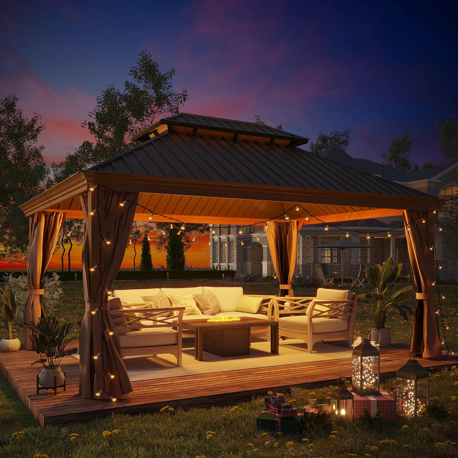 12'x16' Hardtop Gazebo, Outdoor Aluminum Patio Gazebo Double Roof Galvanized Steel Canopy Wooden Finish Coated with Netting and Curtains for Garden, Backyard, Deck and Lawns.