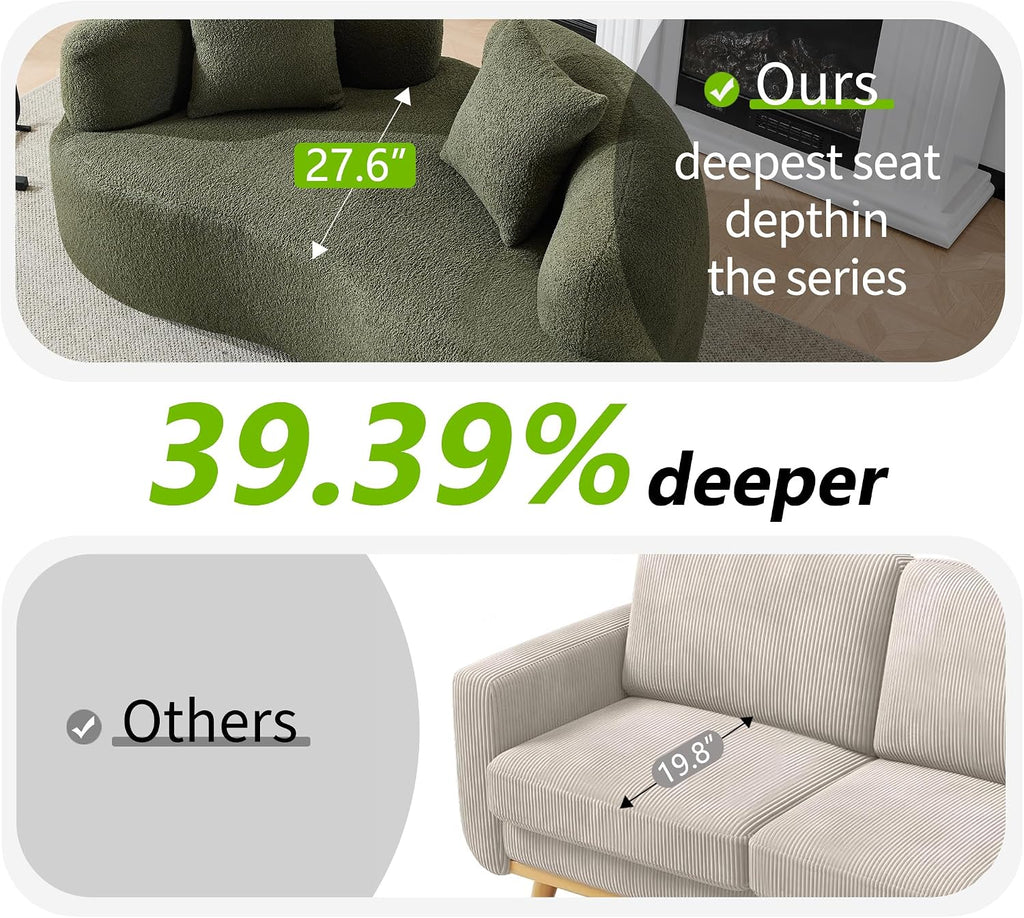 67'Curved Loveseat Sofa for Living Room, Deep Seat Love Seat Couch with 2 Throw Pillows, Modern Loveseat Adopt Teddy Fabric, Suitable Small Spaces The Cloud Loveseat, No Assembly Needed, Green