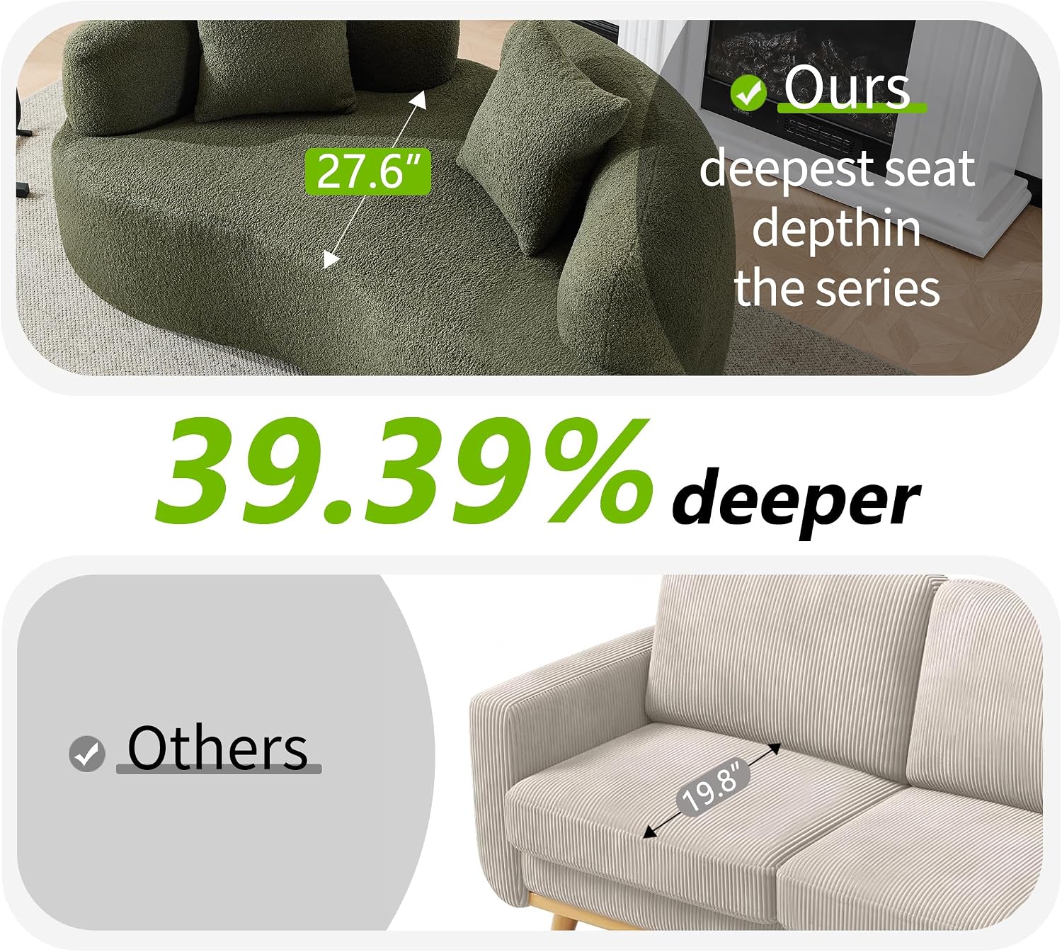 67'Curved Loveseat Sofa for Living Room, Deep Seat Love Seat Couch with 2 Throw Pillows, Modern Loveseat Adopt Teddy Fabric, Suitable Small Spaces The Cloud Loveseat, No Assembly Needed, Green