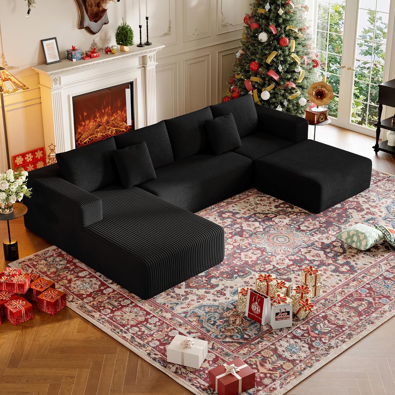 CHORRO134.6''Sectional Boneless Couch for Livingroom,Modular Corduroy Cloud Couch, U-Shaped Sofa with Chaise and Pillows,4-Deep Seat Sectional Sofa with 1 Ottoman,(Black,Left Chaise)
