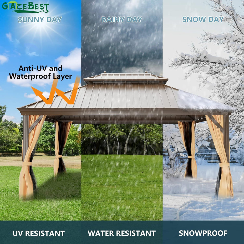 12'x16' Hardtop Gazebo Outdoor Aluminum Patio Double Roof Galvanized Steel Canopy with Netting and Curtains for Garden, Backyard, Deck and Lawns.